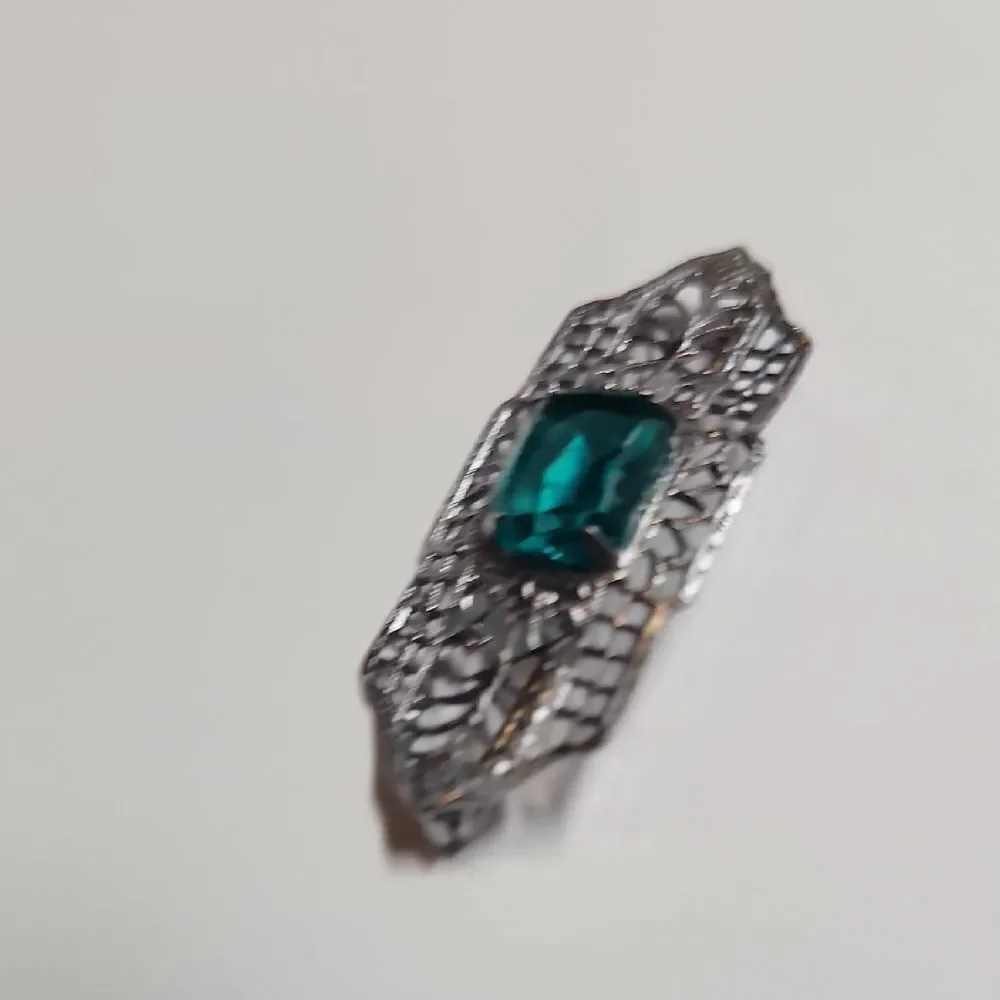 Vintage Brooch Silver With Green Glass Stone